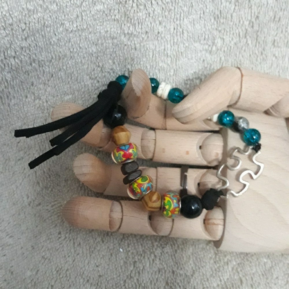 Beaded Leather autism Awareness bracelet